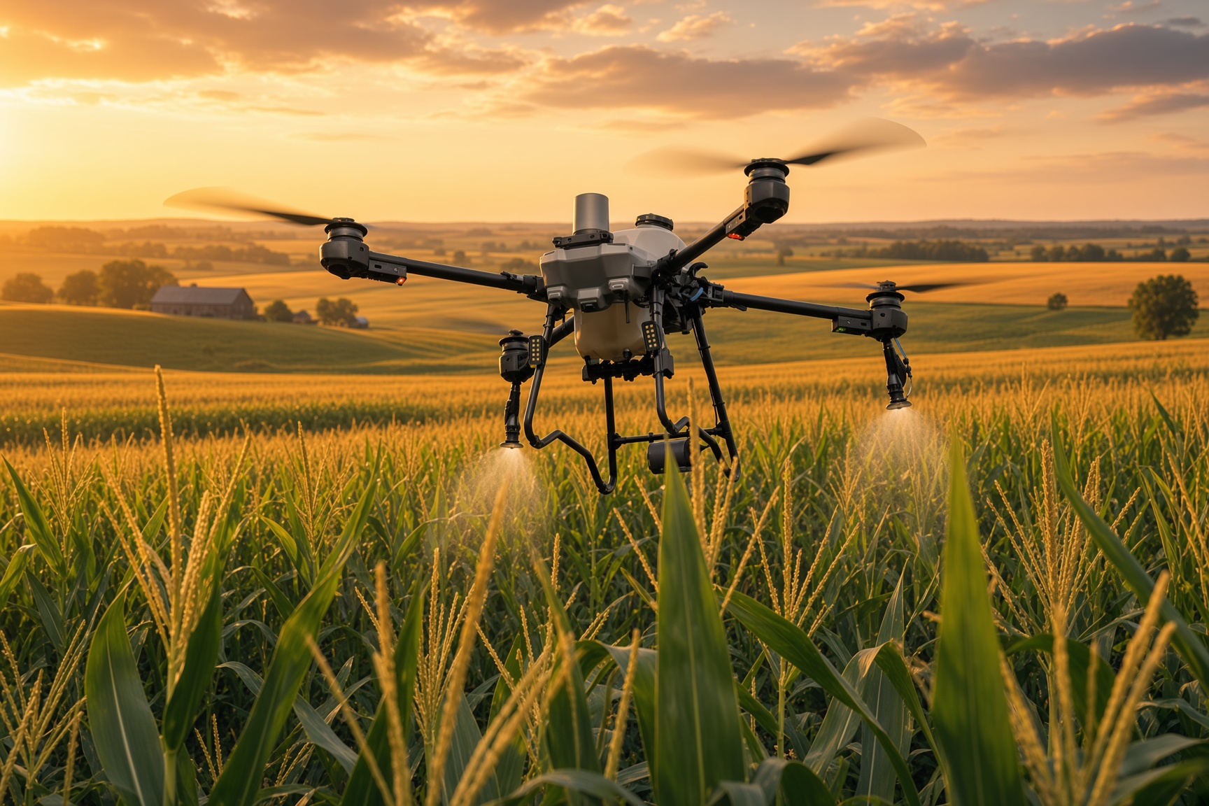 DJI Agras T100 agricultural spray drone over Nebraska crop rows