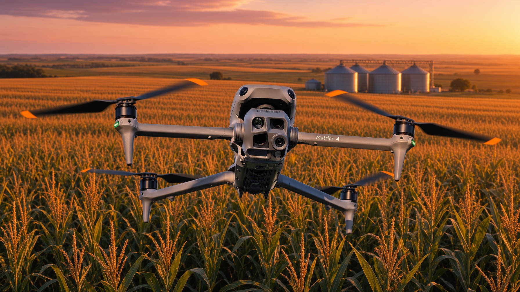 DJI Matrice 4T flying over southeast Nebraska cornfields at golden hour