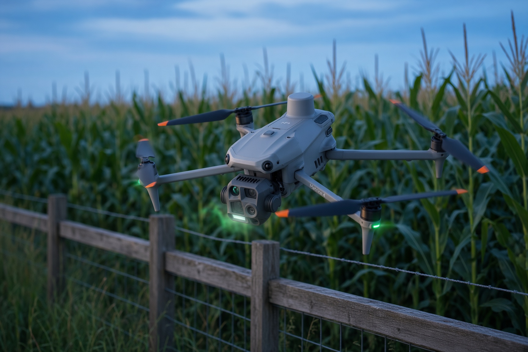 DJI Matrice 4T flying low over a Nebraska cornfield at dusk